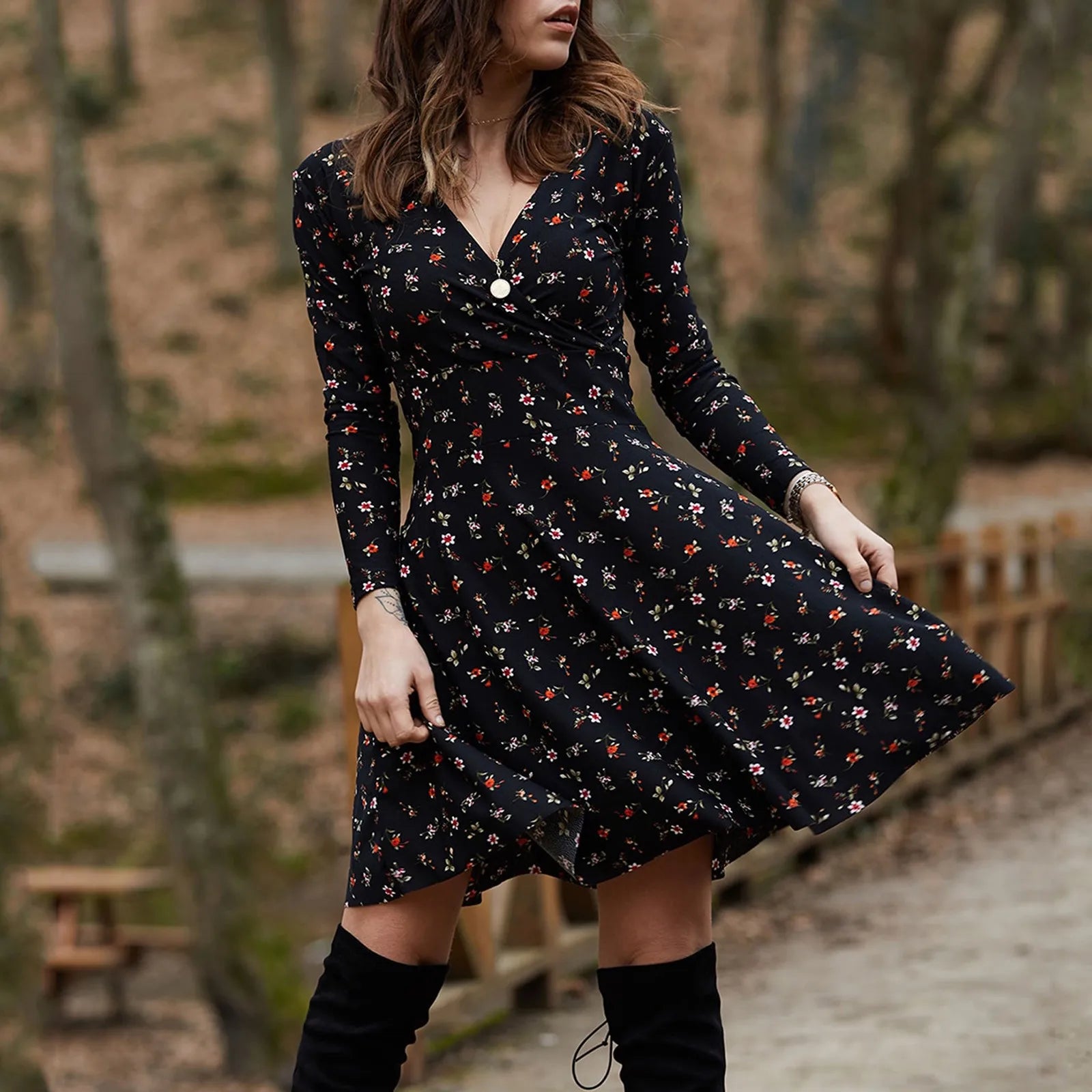 Pleated V-Neck Dress